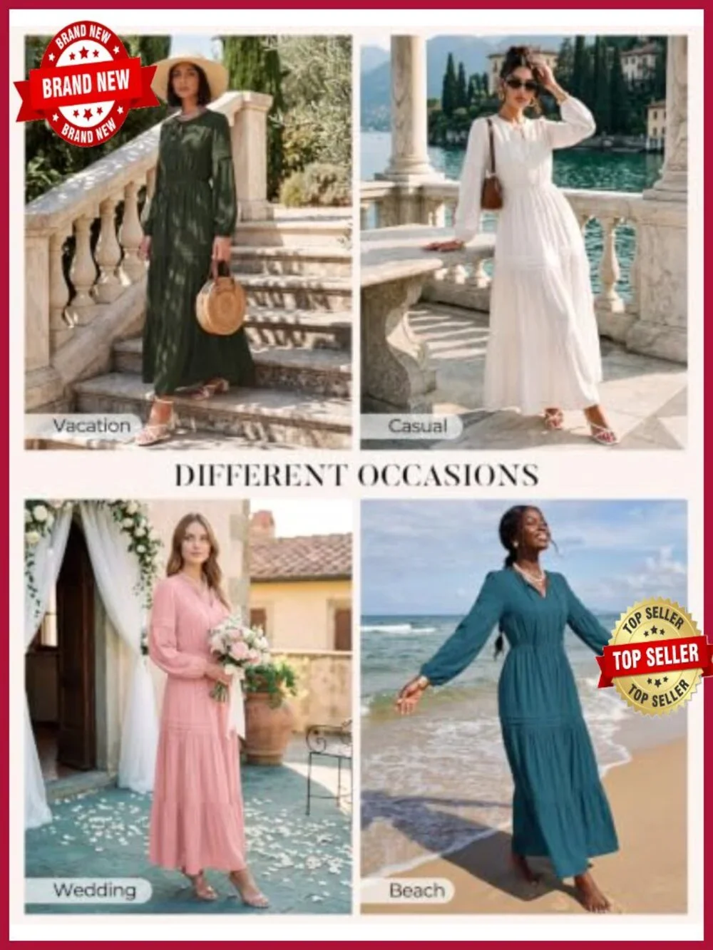 Long Sleeve Maxi Dress Boho Chiffon V Neck Pockets Flowy Wedding Guest